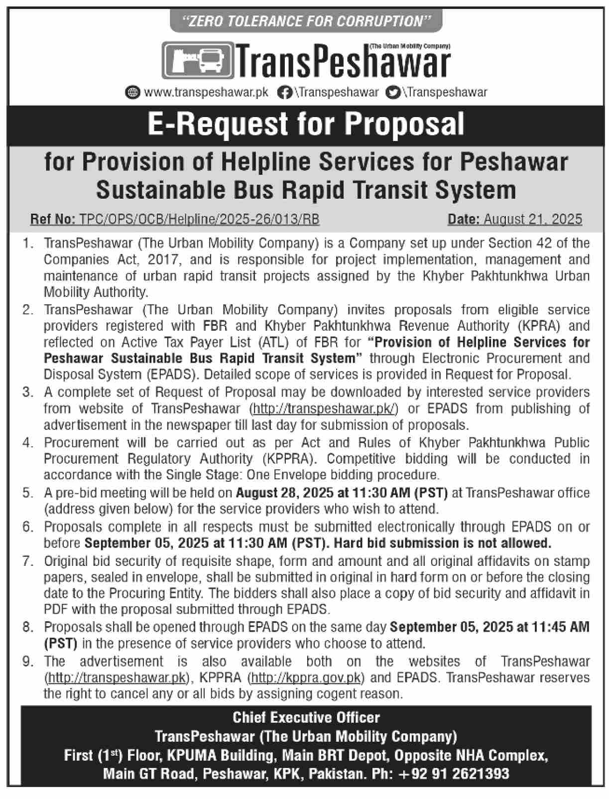 TransPeshawar Tender Notice